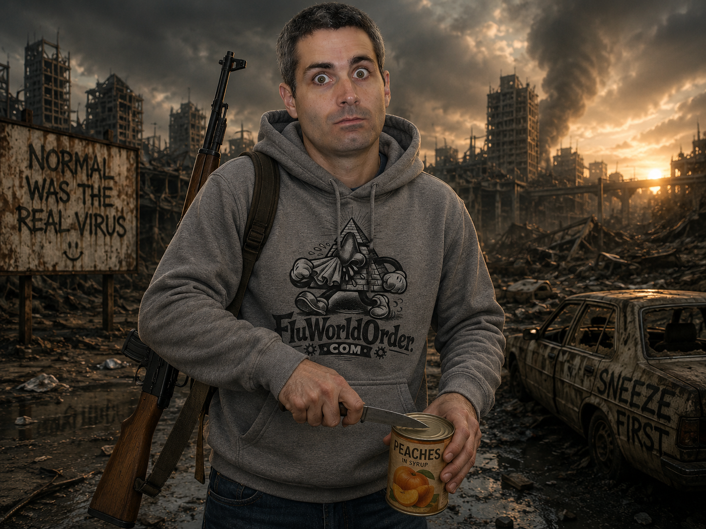 Model wearing a grey FluWorldOrder hoodie in an apocalyptic scene