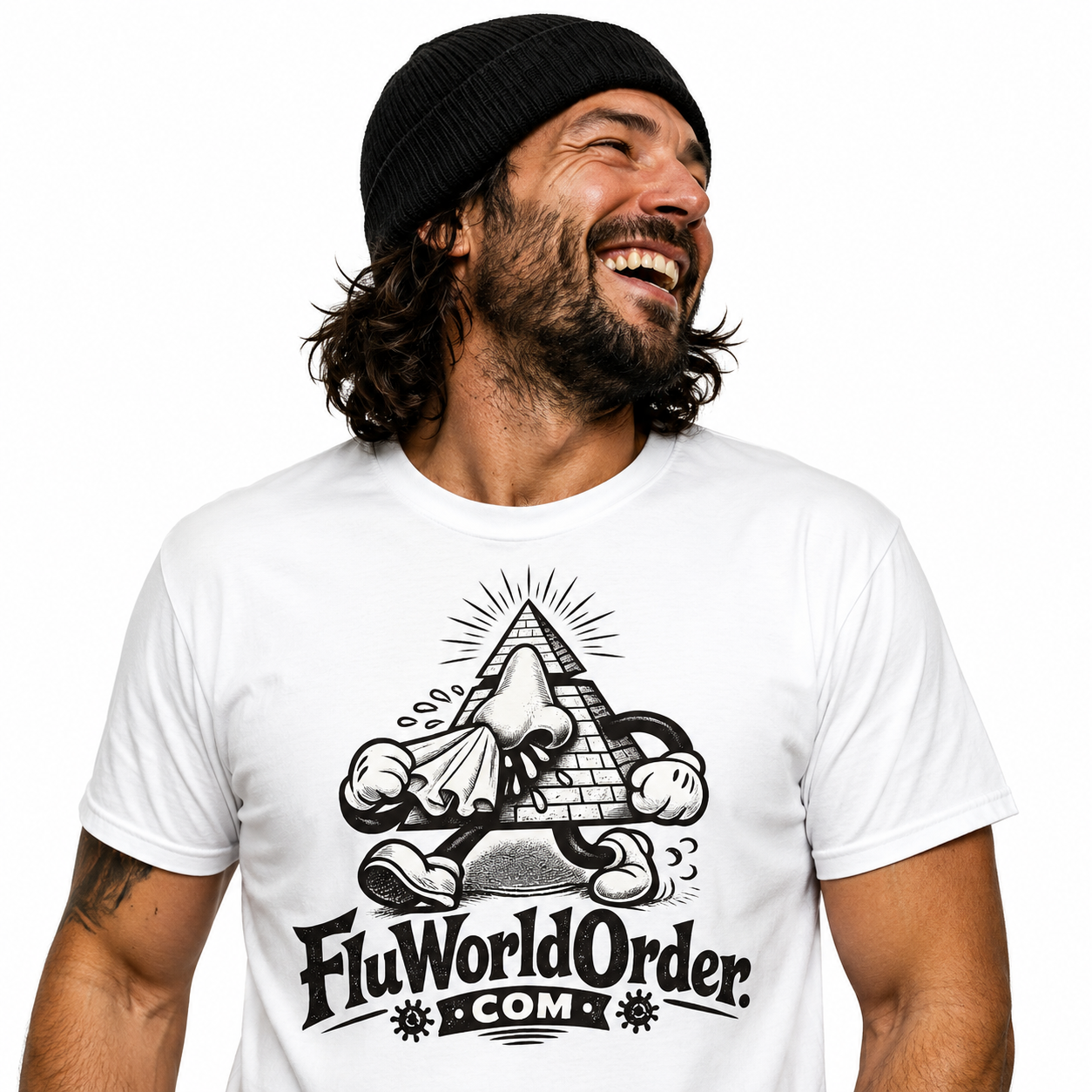 Male model wearing a clean white FluWorldOrder shirt